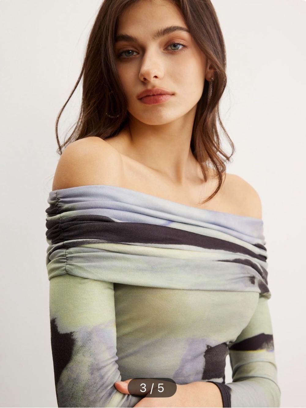 Commense Off-Shoulder Ruched Tie-Dye Top in Lavender, Black & Sage